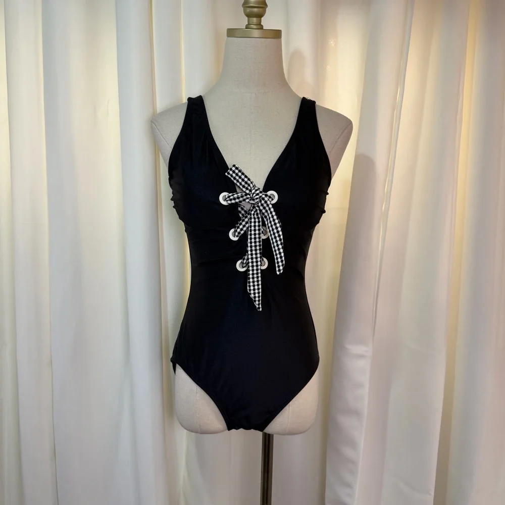NWT Shoshanna Black One-Piece Checkered Gingham Lace-Up Bust Swimsuit Size 6